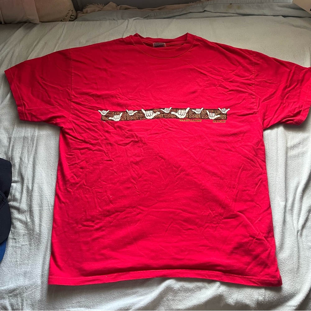 Hanes Red Short Sleeve Tee with Surfer Hand “Hang Loose Hawaii” Design